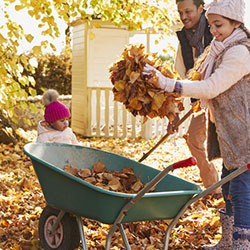 A father and his two kids raking leaves.