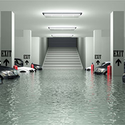 An underground garage with several cars parked. The garage is  flooded with water.